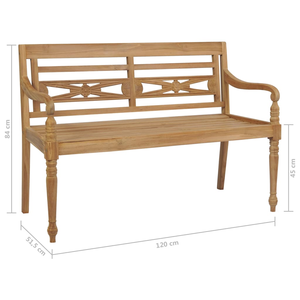 Banc Batavia avec coussin à carreaux gris 120 cm Bois de teck