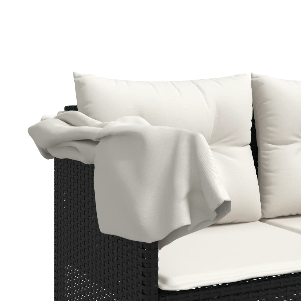 Chaise longue avec auvent et coussins noir résine tressée