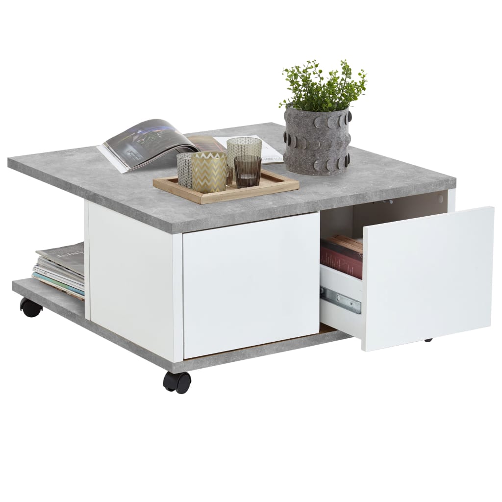 Table basse mobile 70x70x35,5 cm Béton et blanc brillant