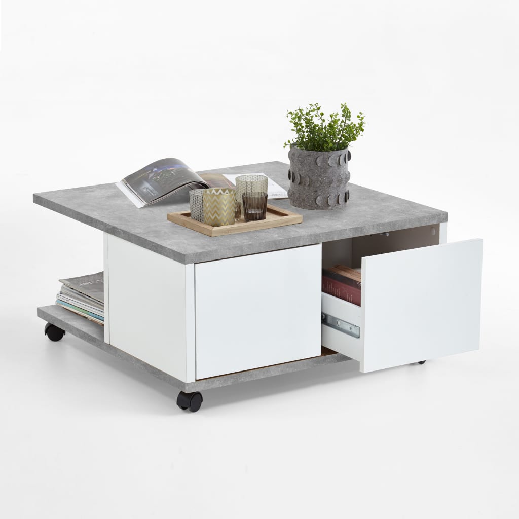 Table basse mobile 70x70x35,5 cm Béton et blanc brillant