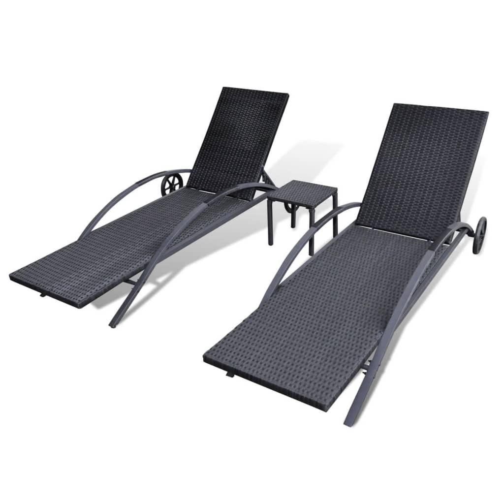 Chaises longues avec table Résine tressée Noir