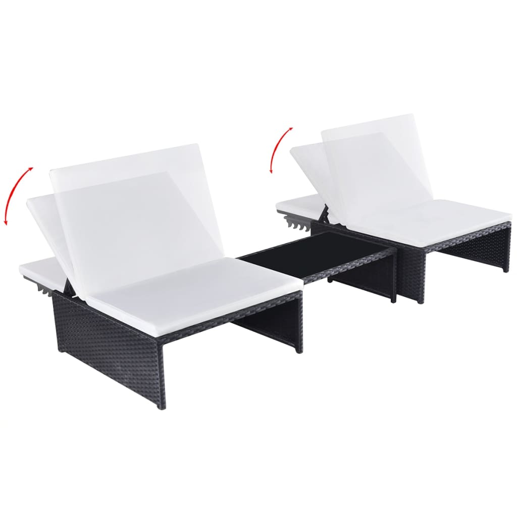 Chaises longues 2 pcs avec table Résine tressée Noir