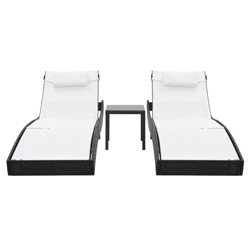 Chaises longues 2 pcs et table Résine tressée et textilène Noir