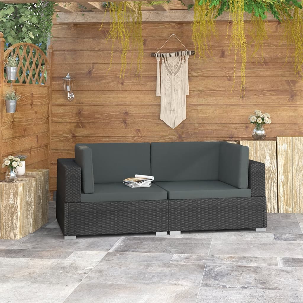 Chaises d'angles 2 pcs avec coussins Résine tressée Noir
