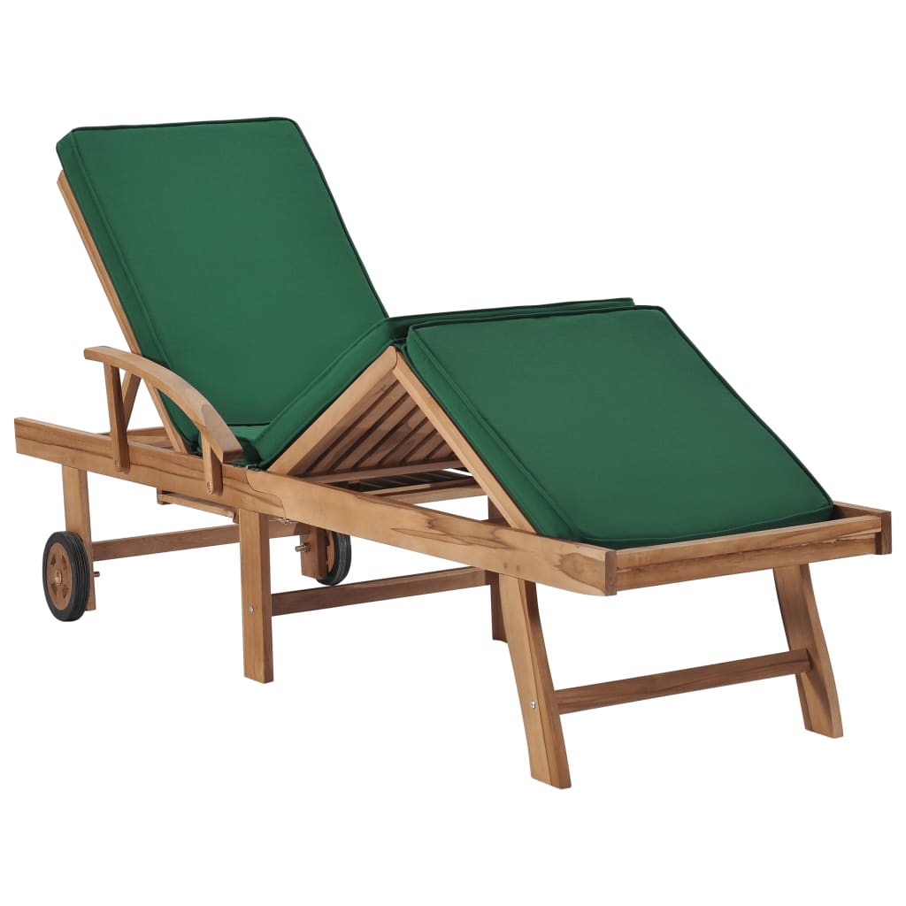 Chaise longue avec coussin Bois de teck solide Vert