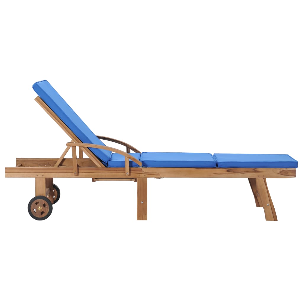 Chaise longue avec coussin Bois de teck solide Bleu
