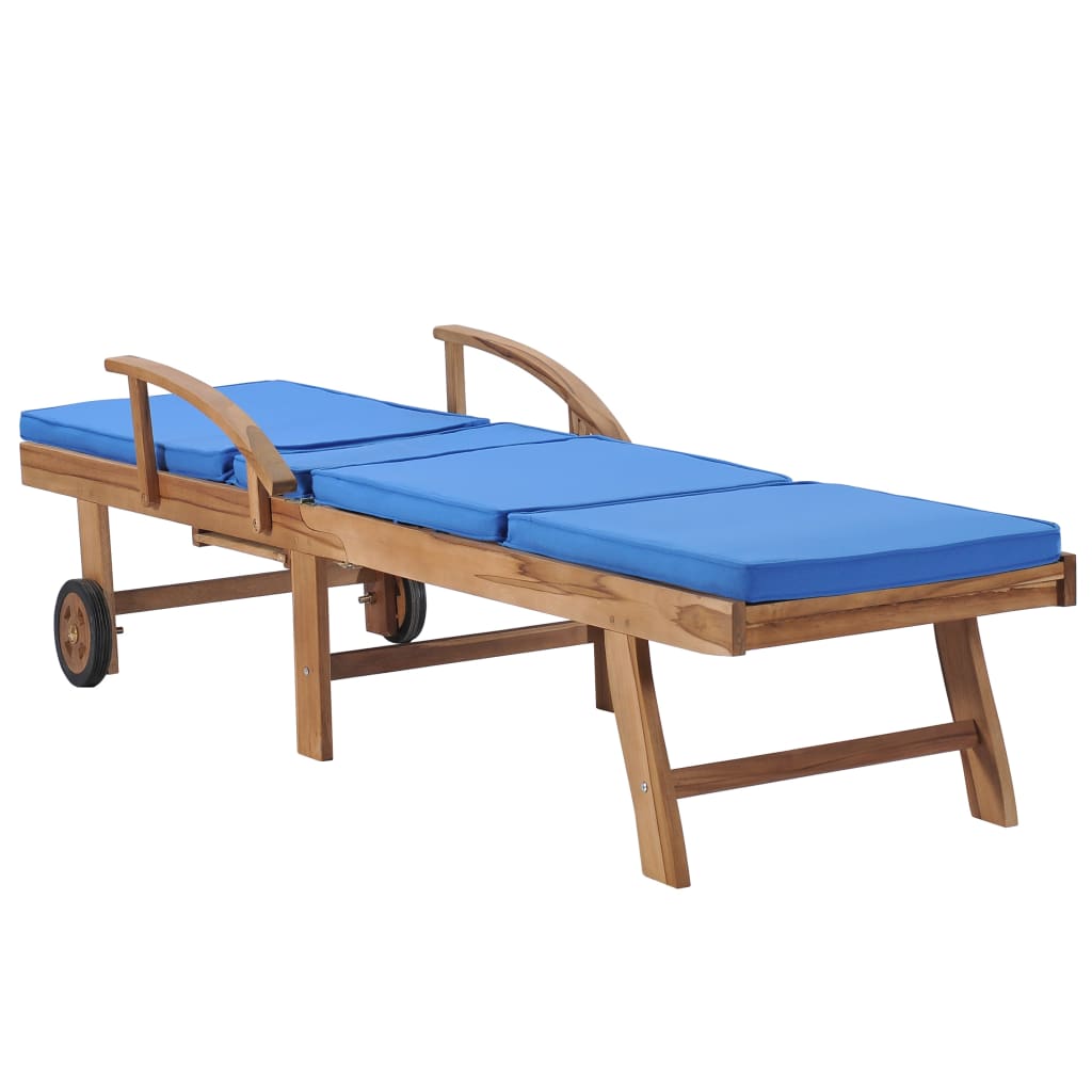 Chaise longue avec coussin Bois de teck solide Bleu