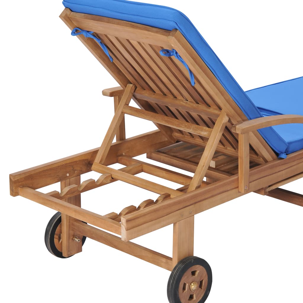 Chaise longue avec coussin Bois de teck solide Bleu