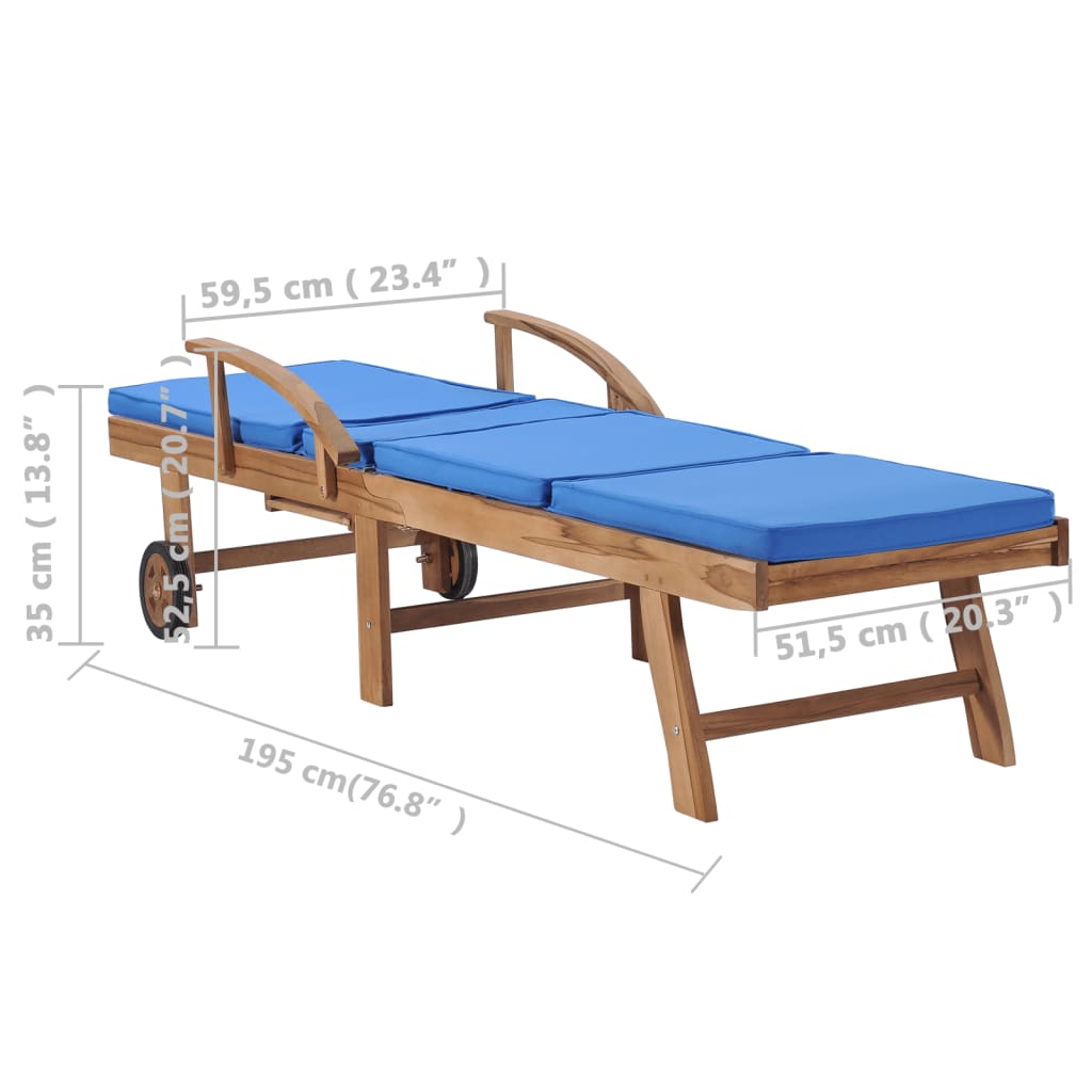Chaise longue avec coussin Bois de teck solide Bleu