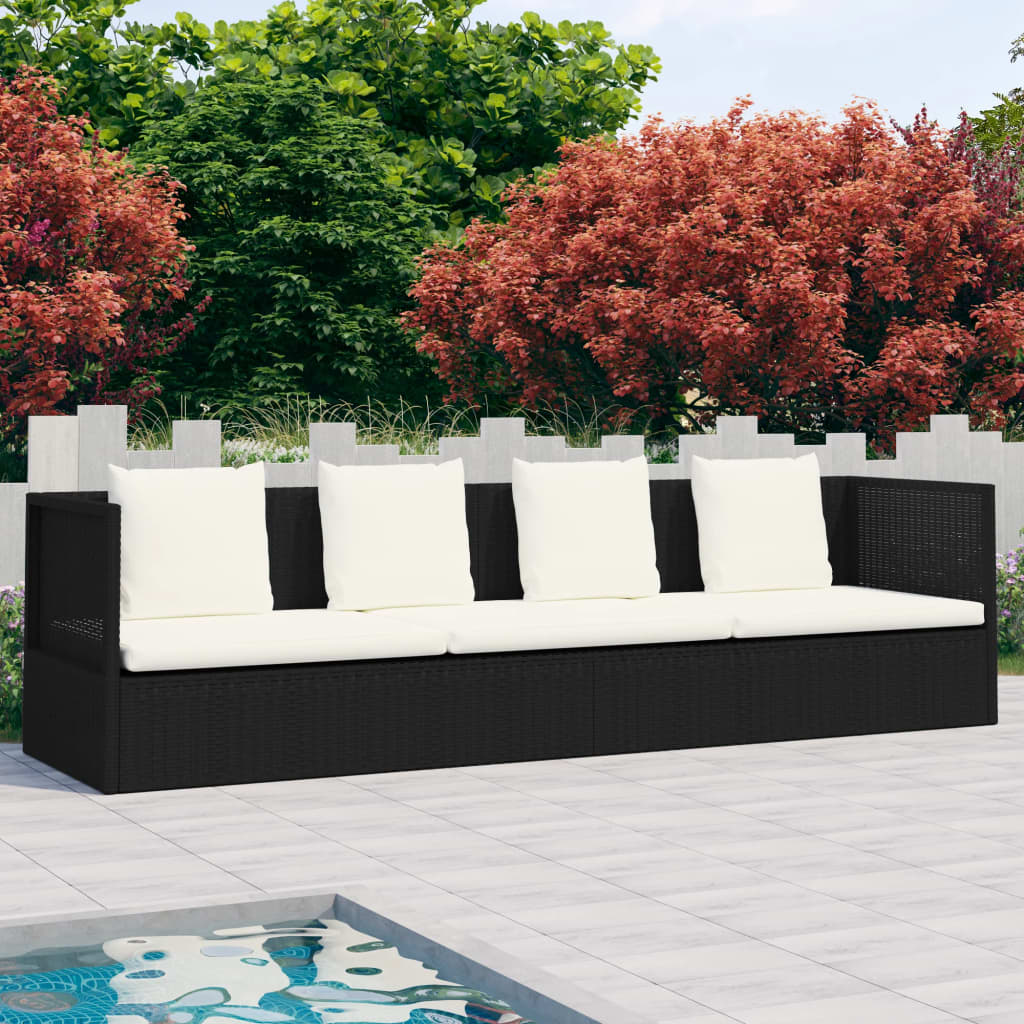 Lit de jardin avec coussin et oreillers Résine tressée Noir