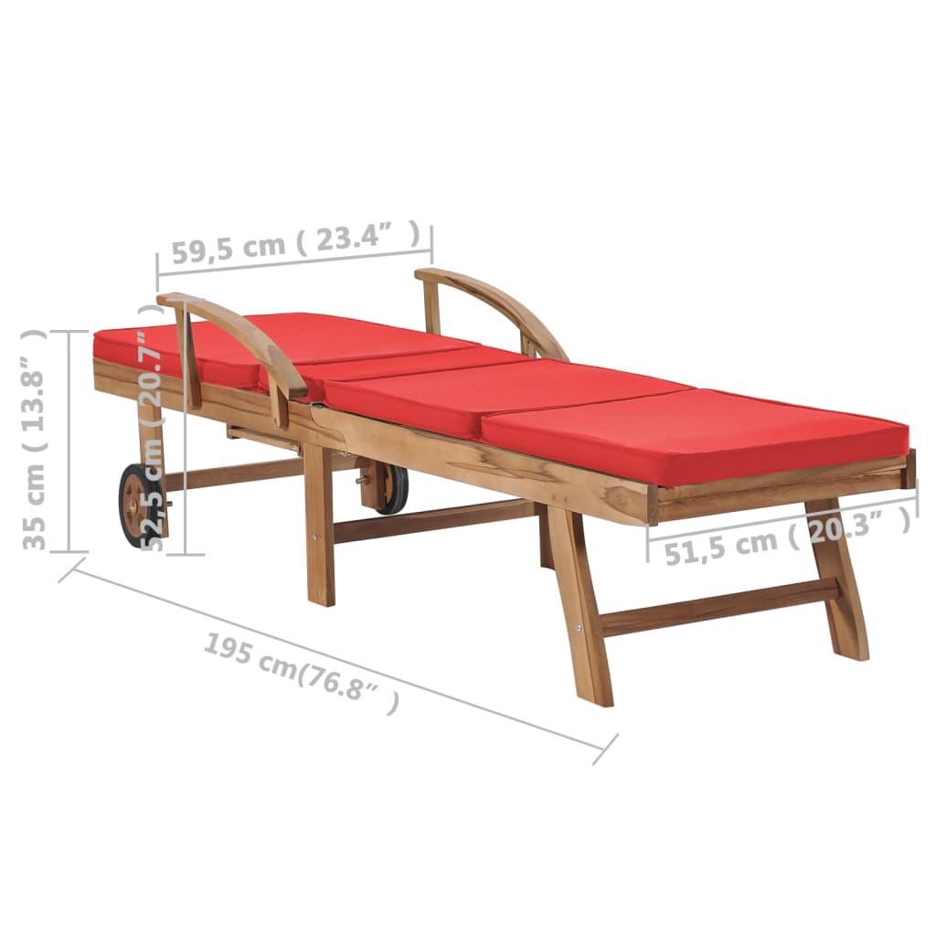 Chaises longues avec coussins 2 pcs Bois de teck solide Rouge