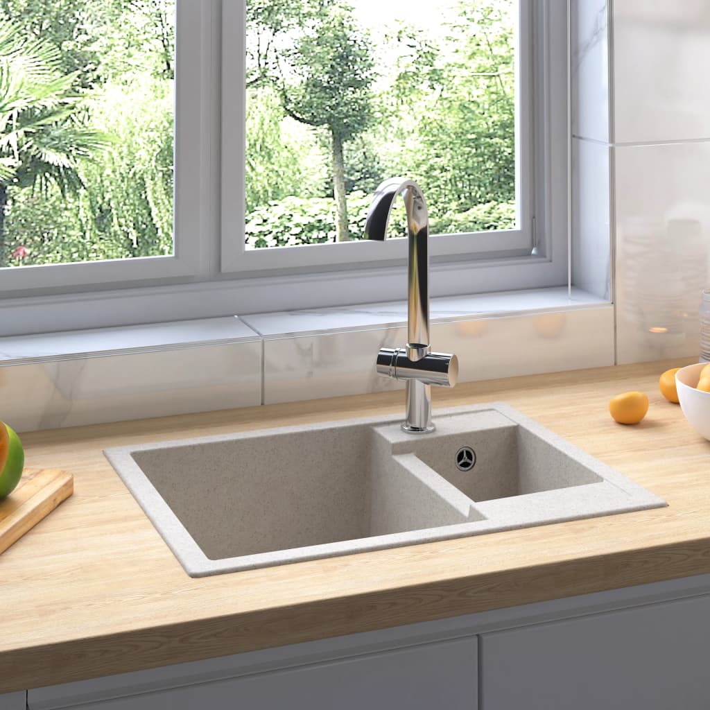 Évier de cuisine deux lavabos trou de trop-plein Beige Granit