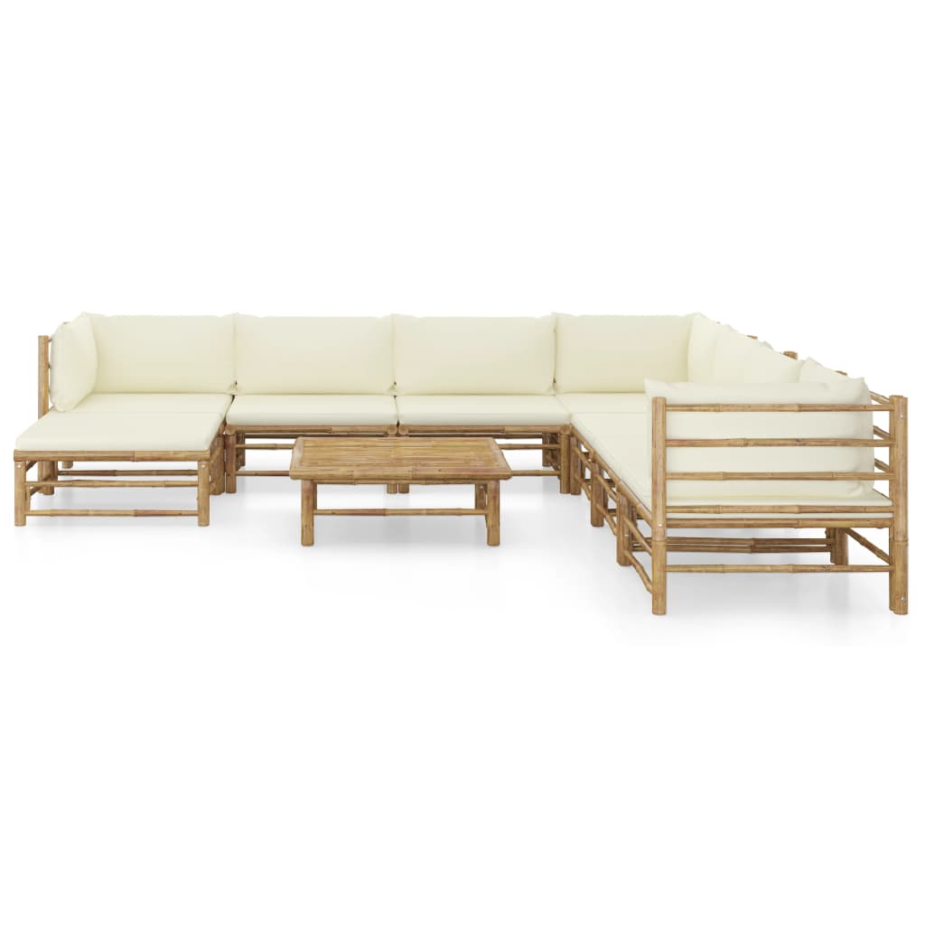 Salon de jardin 9 pcs avec coussins blanc crème Bambou