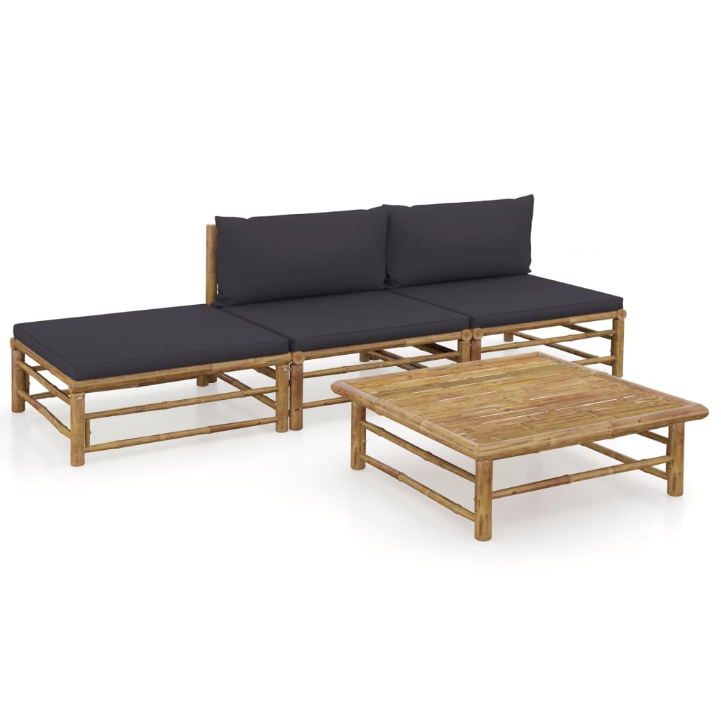 Salon de jardin 4 pcs avec coussins gris foncé Bambou