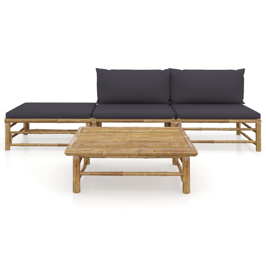 Salon de jardin 4 pcs avec coussins gris foncé Bambou