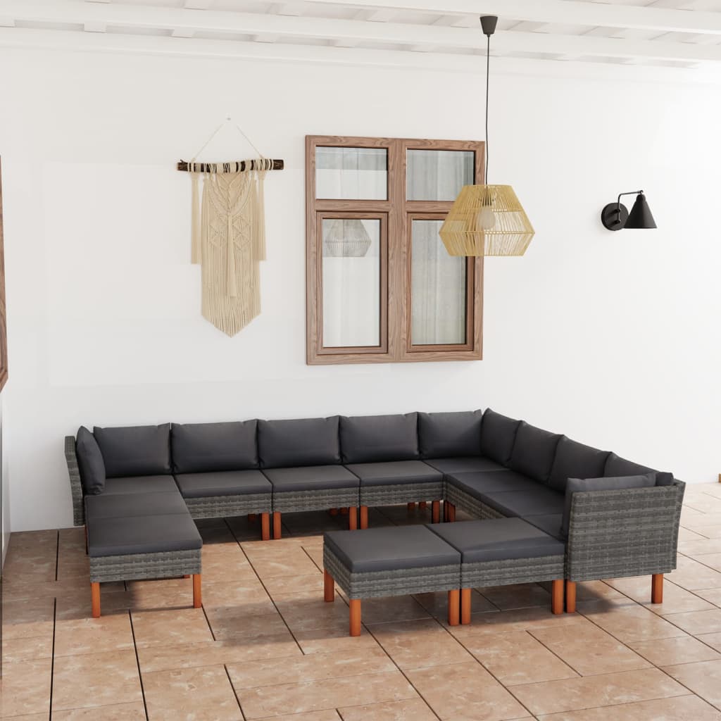 Salon de jardin 12 pcs avec coussins Résine tressée Gris