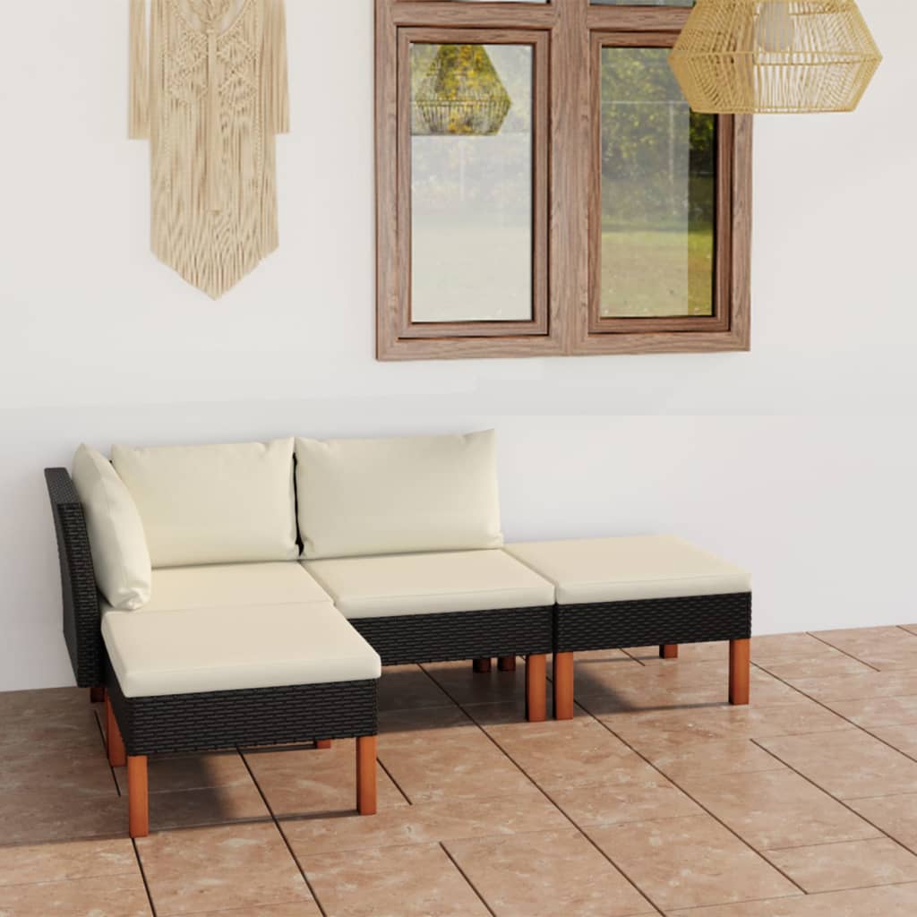Salon de jardin 4 pcs avec coussins Résine tressée Noir