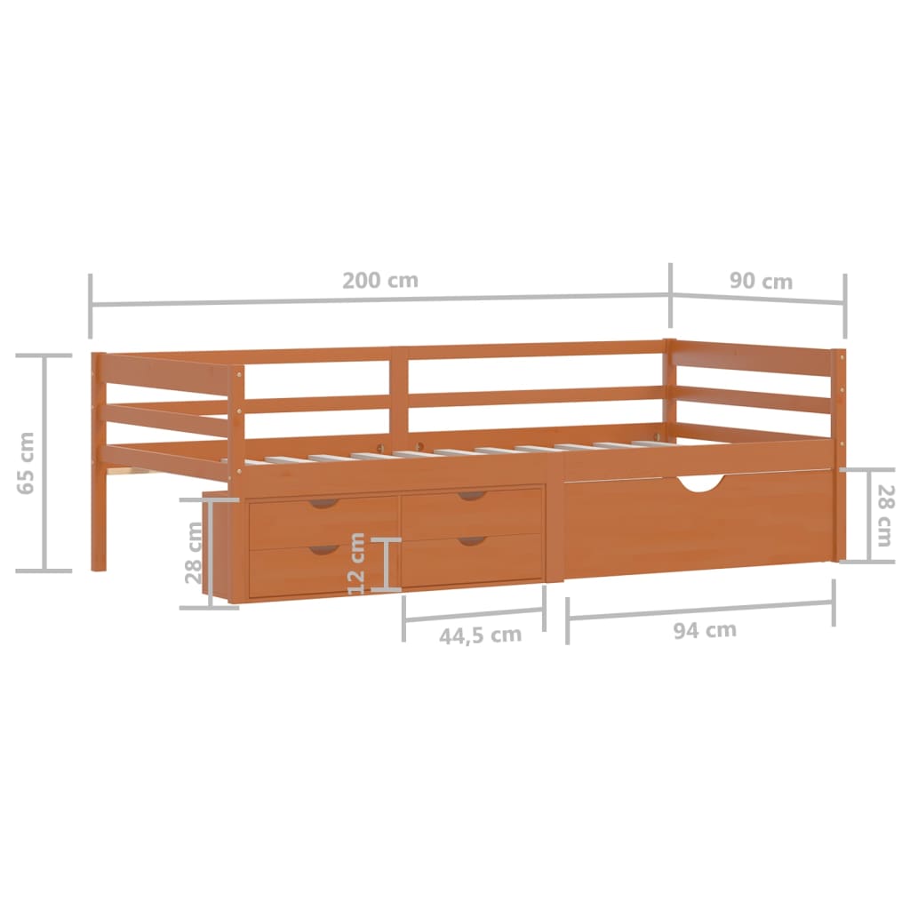 Cadre de lit avec tiroirs et armoire Marron miel Pin 90x200 cm