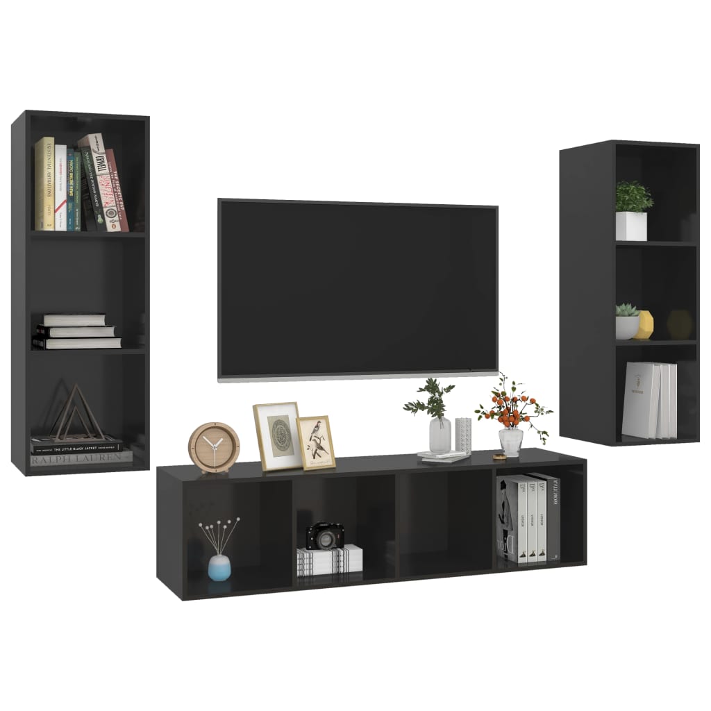 Ensemble de meuble TV 3 pcs Noir brillant Aggloméré
