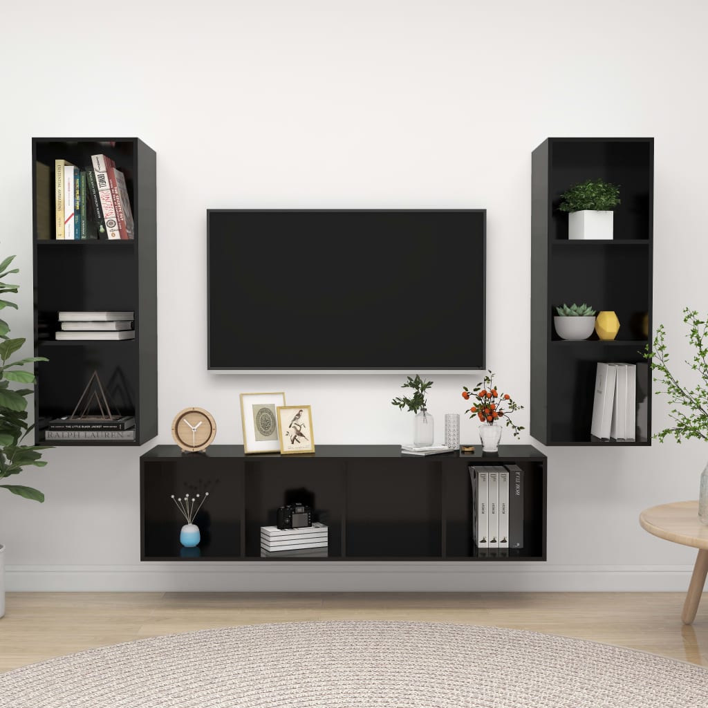 Ensemble de meuble TV 3 pcs Noir brillant Aggloméré