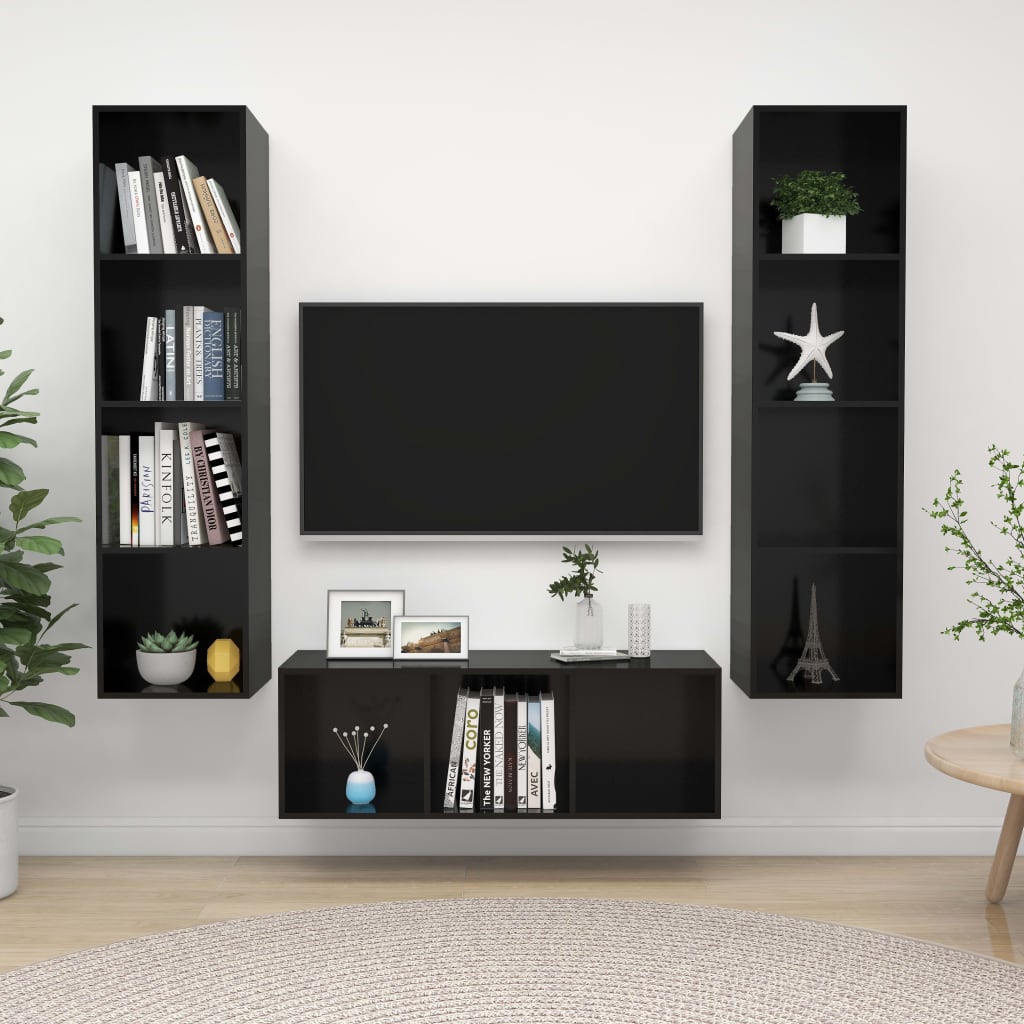 Ensemble de meuble TV 3 pcs Noir brillant Aggloméré