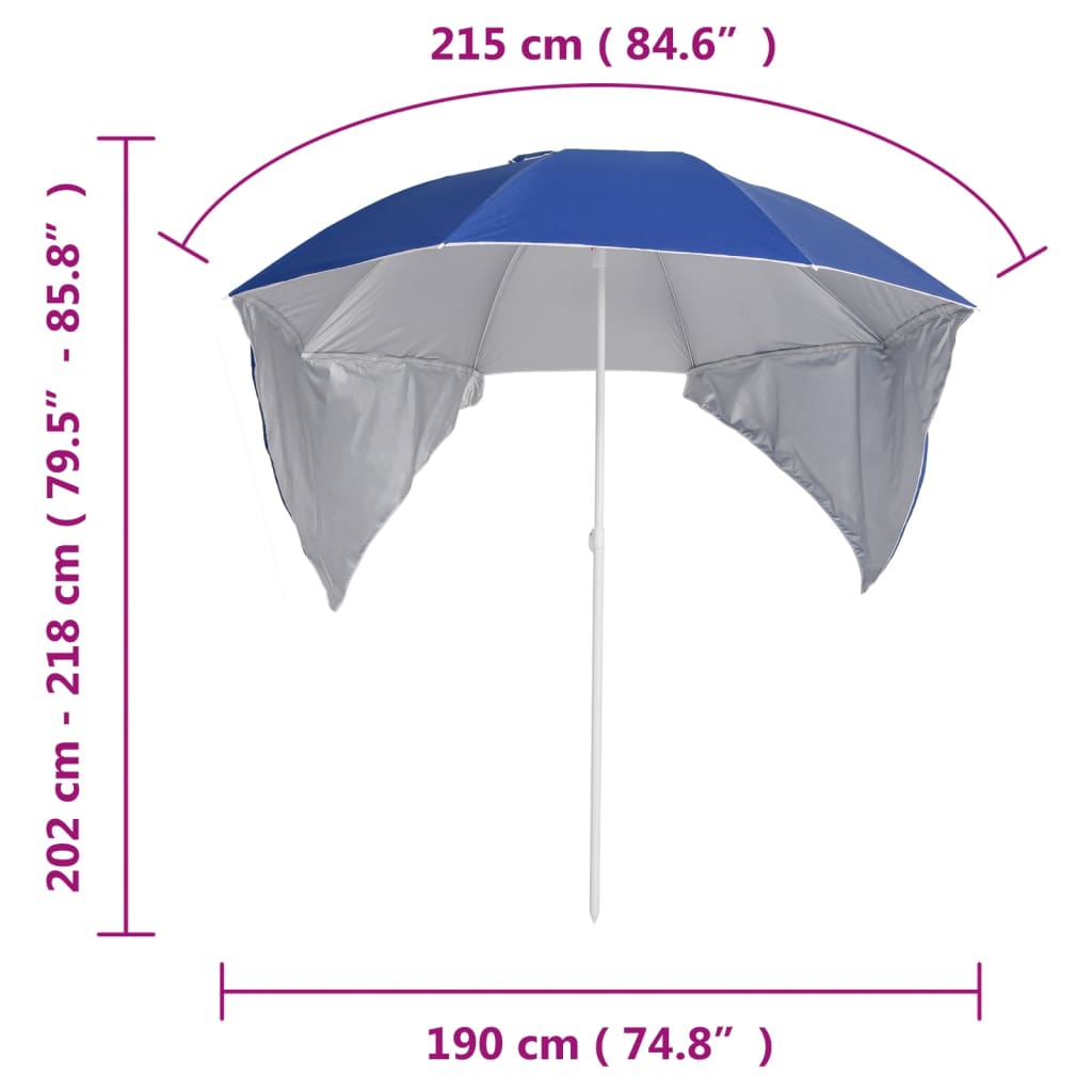 Parasol de plage avec parois latérales Bleu 215 cm